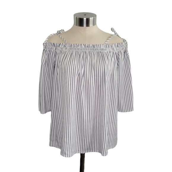 Blue Rain Off the Shoulder Flowy Striped Summer Top Women's Size S White & Blue - Picture 1 of 8
